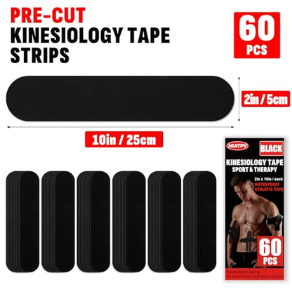 60 Pcs Black Precut Kinesiology Tape Strips, 2in x 10in Kinetic Tape - color: Black