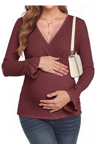 OUGES Women's Maternity Shirts Long Bell Sleeve Casual V Neck Tops Fall Fashion Textured Pregnancy Blouse - color: Wine Red, size: X-Large