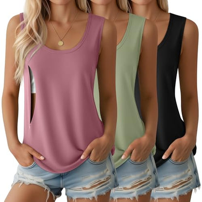 Ficerd 3 Pack Women's Nursing Tank Tops - color: Black, Light Green, Gray Pink, size: Small