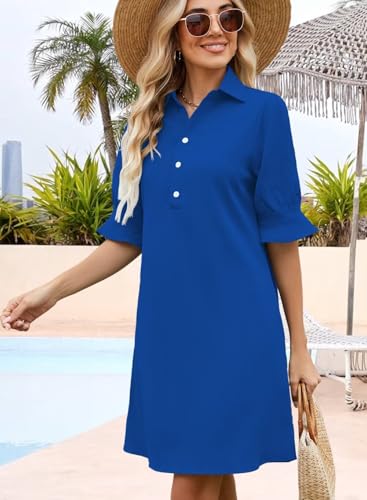 FEKOAFE Womens Casual Dress V Neck Short Sleeve Shift Dresses with Pockets - color: Aa-sapphire Blue, size: Large