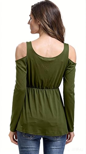 Women's Cold Shoulder Lace Up Casual Tunic Solid Blouse Tops - color: Army Green, size: Large