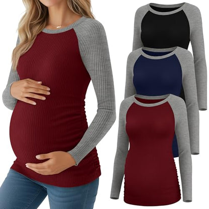 Neer 3 Pack Maternity Long Sleeve Shirts Ribbed Pregnancy Tops - color: Black, Wine Red, Navy Blue, size: Medium