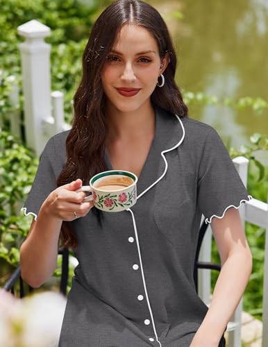 Ekouaer Cotton Nightgowns for Women Button Down Sleep Shirts Night Shirts - color: Medium Grey, size: Medium