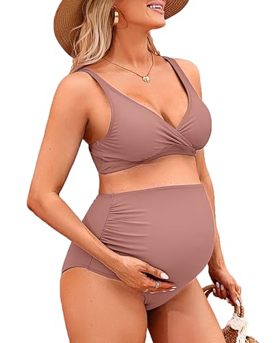 Charmo High Waisted Maternity Swimsuit Bikini V Neck Pregnancy Bathing Suit - color: Pink, size: Medium