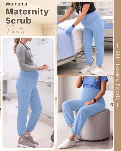 Locoowai 3 Pack Women's Maternity Jogger Scrub Pants with Pocket - color: Light Blue, Light Blue, Light Blue, size: Medium