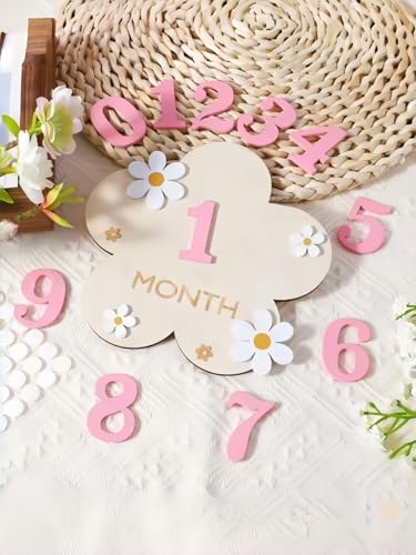 A Set of Baby Monthly Milestone Signs,Newborn 1-12 Months Wooden Milestone Markers, Baby Growth Record Photo Atmosphere Props, Memorial Photo Prop,Babygirl Boy Essentials - color: Sunflower + Pink Number
