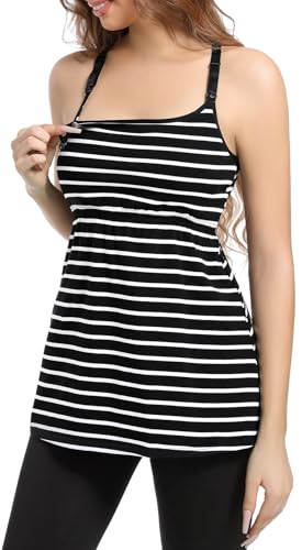 SUIEK 3-Pack Cotton Maternity Nursing Tank Tops Breastfeeding Cami Shirts - color: A-leaf+army Green+white Black Stripe - Fourth Style, size: Medium