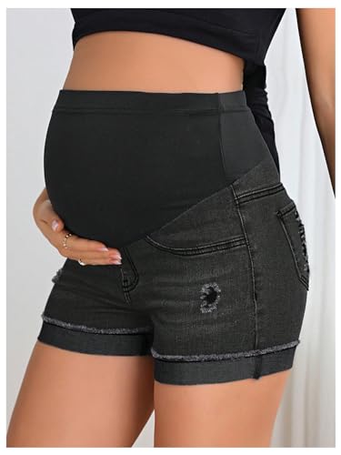 BEAUDRM Women's Maternity Adjustable High Waist Denim Mini Shorts - color: Solid Black, size: XX-Large