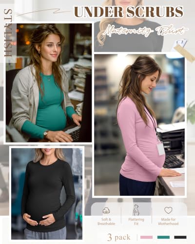 Neer 3 Pack Maternity Under Scrub T Shirt Long Sleeve Undershirt - color: Black, Lake Green, Light Pink, size: Medium