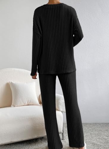SHEWIN Women's Pajama Sets Ribbed Knit 2 Piece Lounge Sets - color: B Black, size: Large