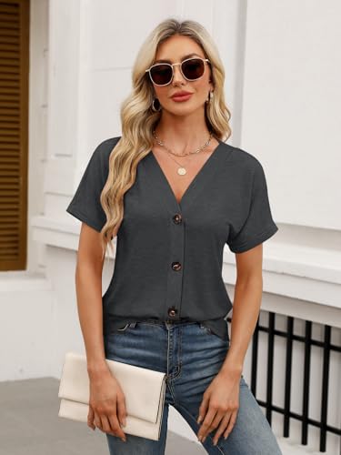 TICTICMISS Womens Summer Tops Short Sleeve Button Down V Neck T Shirts - color: Charcoal, size: Medium