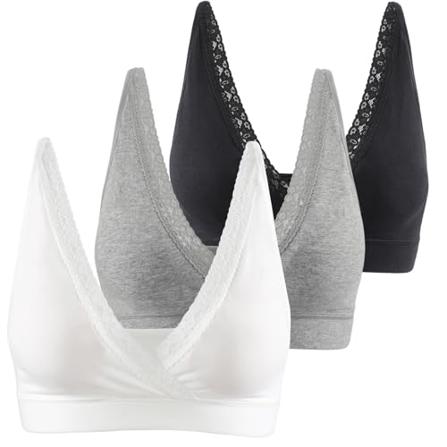 COLOMI Maternity Nursing Bra Wirefree Cotton Breastfeeding Bra for Sleep Lace Maternity Bralette - color: Black+grey+white, size: Medium