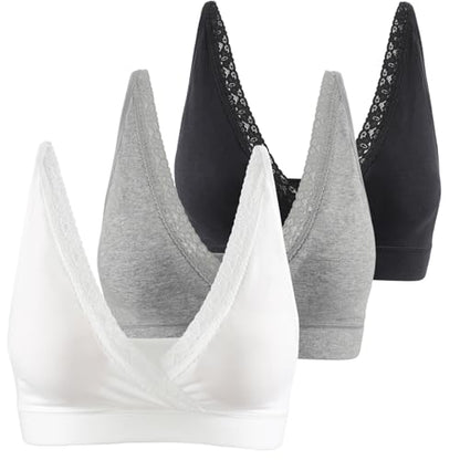 COLOMI Maternity Nursing Bra Wirefree Cotton Breastfeeding Bra for Sleep Lace Maternity Bralette - color: Black+grey+white, size: Medium