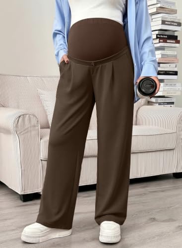 BLENCOT Maternity Pants Over Belly Stretchy Wide Leg Work Trousers - color: Brown, size: XX-Large