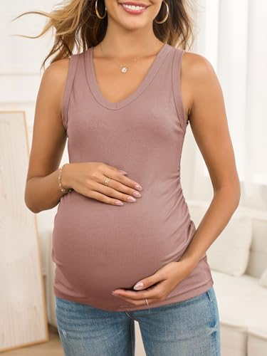 FMEYOA Maternity Tank Tops V Neck Ribbed Knit Sleeveless Maternity Shirts - color: Pink, size: Small