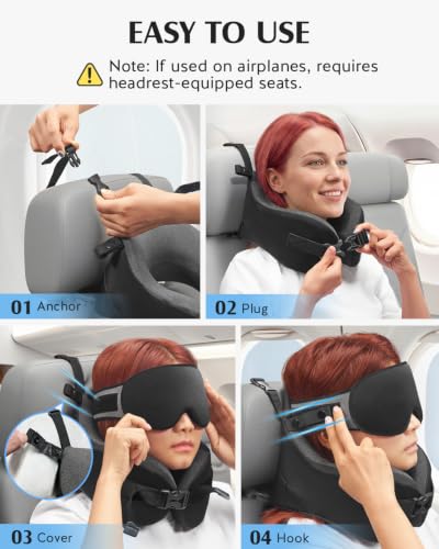 YFONG Travel Pillow with Head Support & Sleep Mask for Long Flights, Black - color: Black