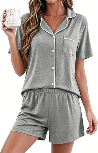 Pajamas for Women Set Button Down Short Sleeve Sleepwear Bride Pjs XS-XXL - color: Grey, size: Medium