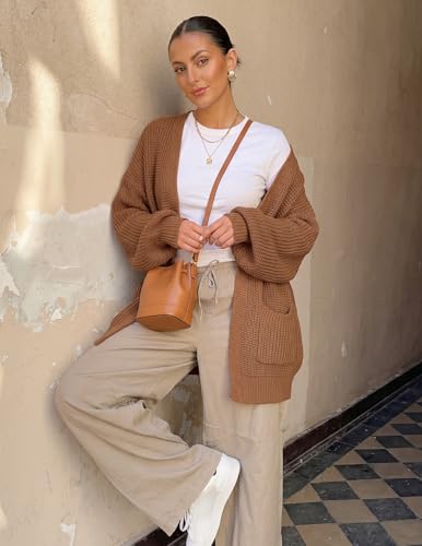 MEROKEETY Long Sleeve Oversized Cardigan Sweaters for Women - color: Brown, size: Small