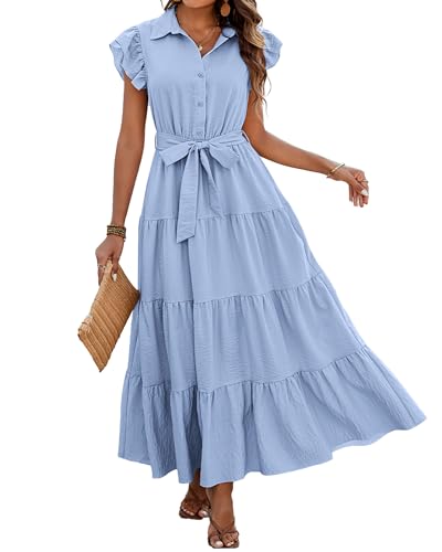 dowerme Women Ruffle Sleeve Button Belted Boho Maxi Dress - color: Sky Blue, size: X-Large