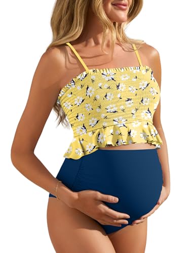 Summer Mae Maternity Swimsuit Ruffled Two Piece High Waist Bikini Swimwear - color: Flying White Flowers, size: Medium