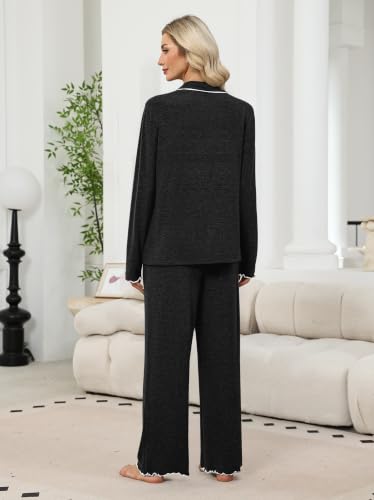 WIHOLL Women's Pajamas Sets Cute Ruffle Long Sleeve Button Up 2 Piece Pjs - color: Black, size: X-Large