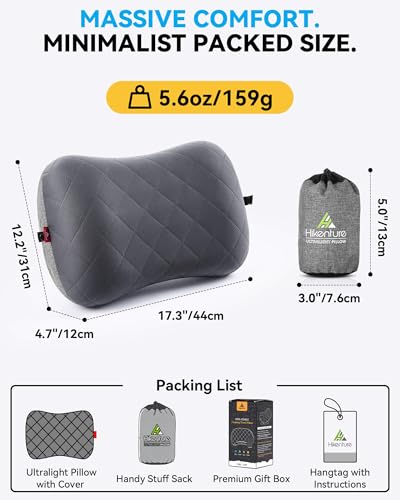Hikenture Camping Pillow with Removable Cover, Ultralight Inflatable Pillow - color: Grey