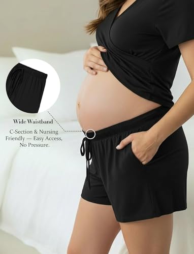PATPAT 3-Piece Maternity Nursing Pajamas, Womens Lounge Set with Pockets - color: Black, size: Small