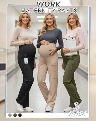 3 Pack Women's Maternity Scrub Pants with 6 Pockets - color: Black, Army Green, Khaki, size: Medium