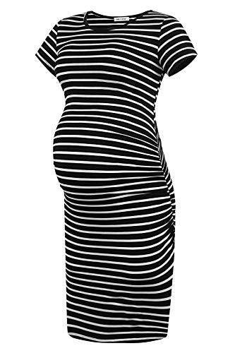 Smallshow Women's Short Sleeve Maternity Dress Ruched Pregnancy Clothes - color: Black Stripe, size: Large