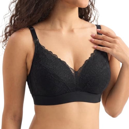 Momcozy Lace Nursing Bra for Breastfeeding, Wirefree Maternity Bra with Fixed Padding, Soft Deep V Bra - color: Black, size: X-Large