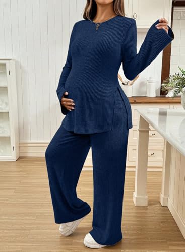 BLENCOT Maternity 2 Piece Outfits Ribbed Knit Long Sleeve Sets - color: Dark Blue, size: Small