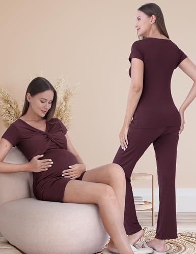 3-Piece Maternity Nursing Pajamas Set for Pregnancy & Postpartum - color: Dark Purple, size: Medium
