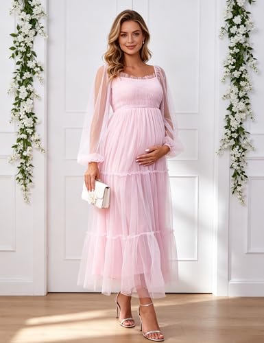 Maternity Maxi Dress Women Elegant Mesh Dress for Baby Shower - size: Medium