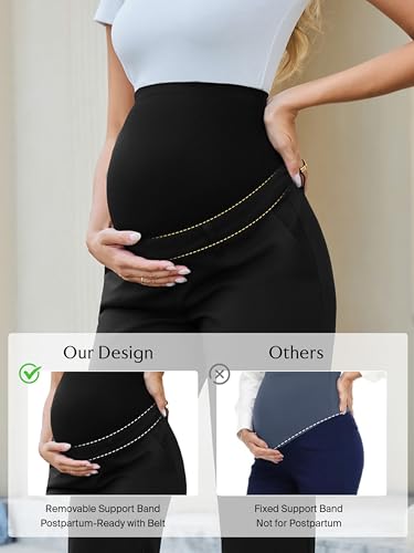 Ecavus Women's Maternity Pants Over Belly Seamless Stretchy Work Pants Maternity Wide Leg Pants with Pockets - color: Black-regular, size: Medium