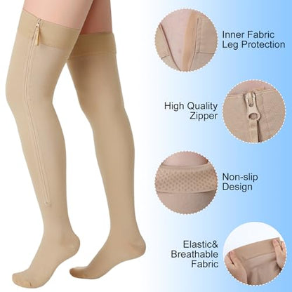 Sosation Thigh High Zipper Compression Socks Women - color: Beige, size: XX-Large