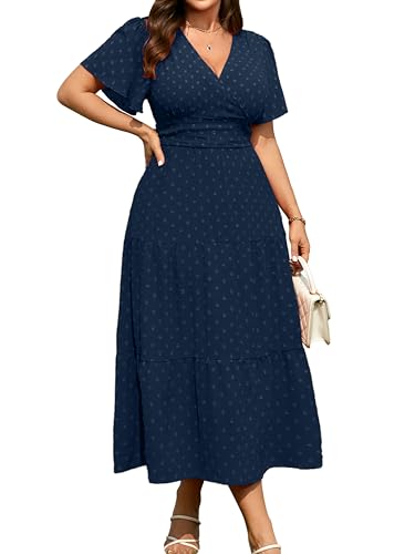 RWJ Women's Plus Size Wrap V Neck Summer Casual Holiday Wedding Maxi Dress - color: Navy Blue, size: Large Plus