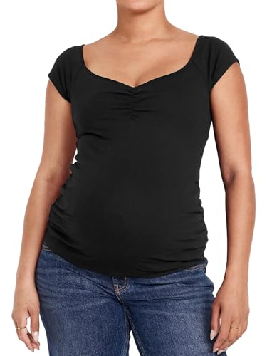 Tankaneo Womens Vneck Maternity Tops Cap Sleeve Fit Ribbed Pregnancy Tshirt - color: Black, size: Medium