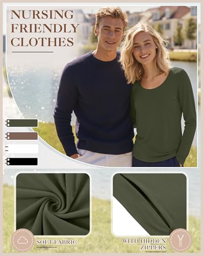 Oakgarden 4 Pack Women Cotton Nursing Tops for Breastfeeding - color: Army Green, Coffee, White, Black, size: Medium