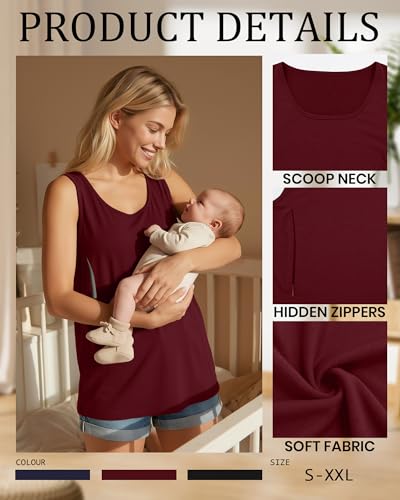 Ficerd 3 Pack Women's Nursing Tank Tops - color: Black, Navy Blue, Wine Red, size: Large