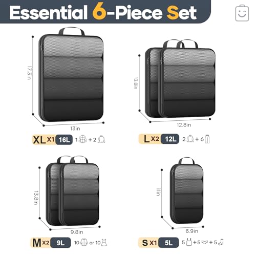 Veken 6/9/11 Set Compression Packing Cubes for Travel Essentials,Compressible Expandable Large Luggage Suitcase Organizer Bags for Clothing,Space Saver Bags with Over 1000 pcs of Mesh Holes(Black) - color: Black, size: 6 set