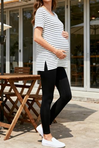 Women's Maternity Shirts Short Sleeve Split Hem Pregnancy Tops Clothes - color: White Navy Stripe, size: Large