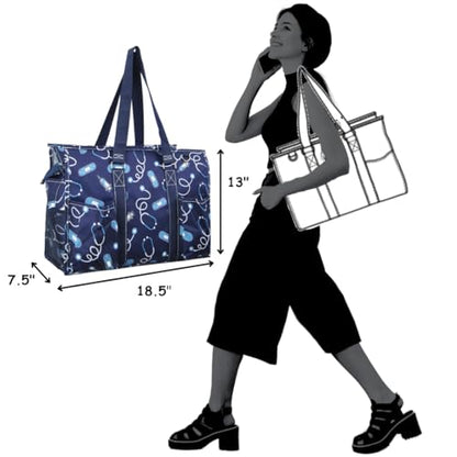 NGIL Work Tote Bag with Exterior Pockets - color: Blue Nurse Print-navy