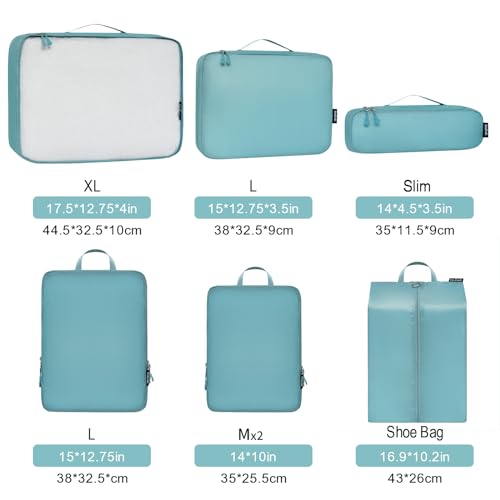 Bagail Ultralight Compression Cubes 7 Set - 3 Packing Cubes, 3 Organizers, and 1 Shoe Bag - color: The Dusty Blue, style: Cloth Pattern