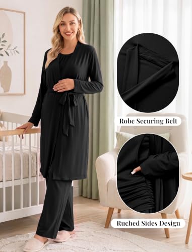 Women 3PCS Maternity Robe Sets Nursing Pajamas Postpartum Breastfeeding Pjs - color: Black, size: Medium