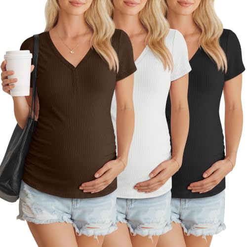3 Pack Women's Maternity Shirts - color: Black, White, Coffee, size: Small