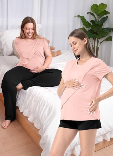 Rnxrbb 3 Piece Postpartum Nursing Pajamas Set Maternity Breastfeeding Pjs - color: 1-light Pink Black, size: Small
