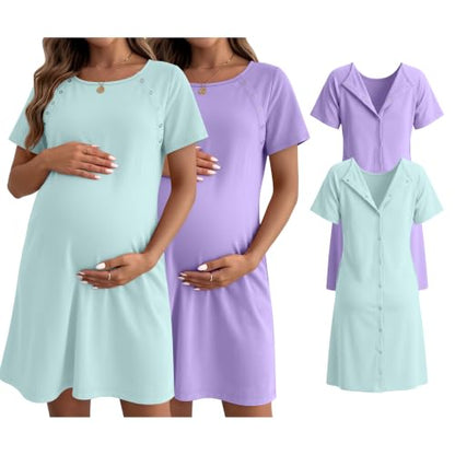 Huukeay 2 Pack Labor and Delivery Hospital Gown - color: Light Purple, Mint Green, size: Small