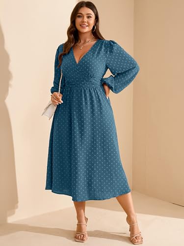 RWJ Women's Plus Size Fall Wedding Guest Dress V Neck Swiss Dot Long Sleeve - color: Dusty Blue, size: 3X-Large Plus