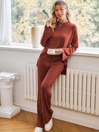 Kikibell Womens Sets 2 Piece Outfits Matching Lounge Set Cozy Knit Pajamas - color: Brick Red, size: Medium