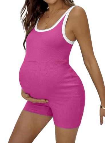 BLENCOT Maternity Stretchy Romper Summer Sleeveless Round Neck Jumpsuit - color: Rose Pink, size: Medium
